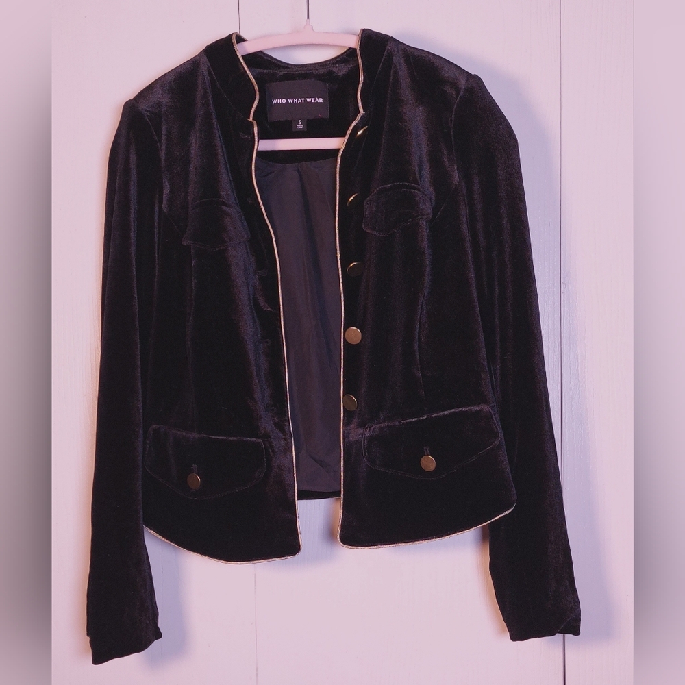 Who What Wear Black Velvet Lined Jacket Size Small Military Style Gold Trim Glam - Picture 6 of 12